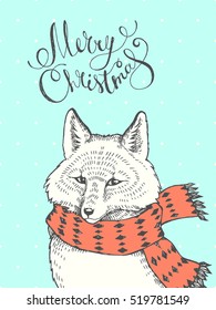Merry Christmas lettering. Greeting card. Vector hand drawn illustration with fox in a scarf and wishes