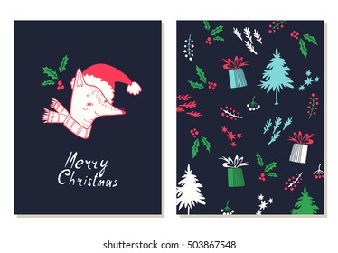 Merry Christmas lettering. Greeting cards set with christmas symbols. Hand drawn illustration with fox and holly. Doodle style.