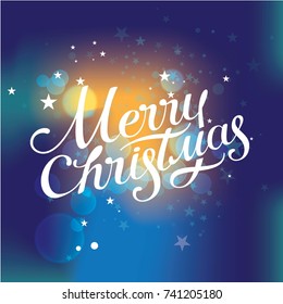 Merry Christmas lettering for greeting cards, calendars and poster. Inscription in white on a colored background with stars. Vector illustration