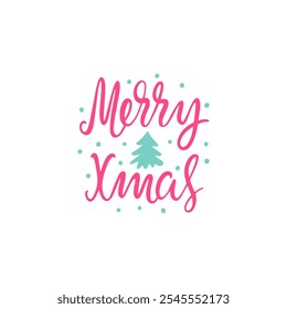 Merry Christmas lettering with hand drawn Christmas tree. Winter vector illustration. Handdrawn holiday clipart