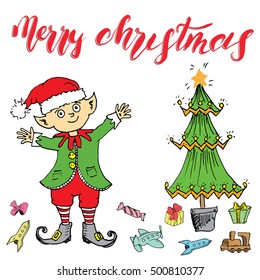 Merry Christmas lettering. Hand drawn vector illustration with elf