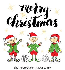 Merry Christmas lettering. Hand drawn vector illustration with elfs