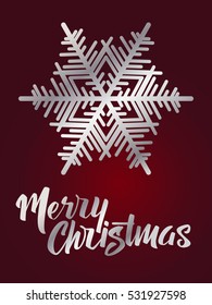 Merry Christmas lettering. Hand written Merry Christmas poster. Modern hand lettering on a dark red background with silver snowflake 