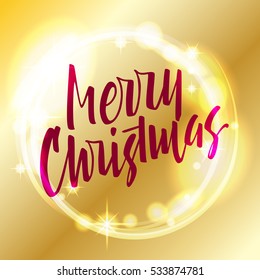 Merry Christmas lettering. Hand written Merry Christmas poster. Modern hand lettering on a golden background