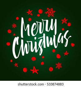 Merry Christmas lettering. Hand written Merry Christmas poster. Modern hand lettering on a green background