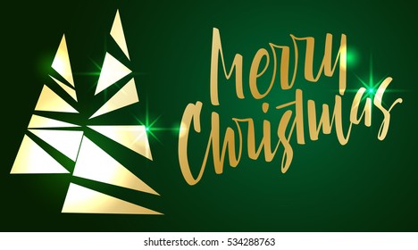 Merry Christmas lettering. Hand written Merry Christmas poster. Modern hand lettering on a green background with golden Christmas trees