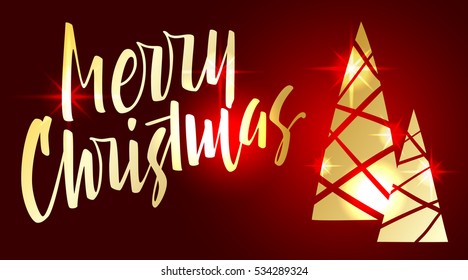 Merry Christmas lettering. Hand written Merry Christmas poster. Modern hand lettering on a red background with golden Christmas trees