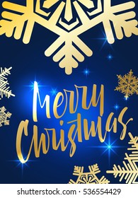 Merry Christmas lettering. Hand written Merry Christmas poster. Modern hand lettering on a blue sparkling background with golden stars and snowflakes