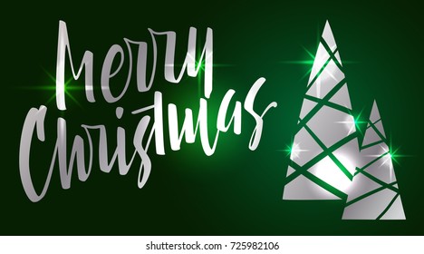 Merry Christmas lettering. Hand written Merry Christmas. Modern hand lettering on a green background with Christmas tree