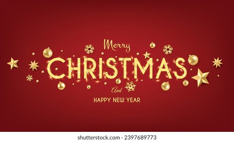 Merry Christmas lettering with hanging lighting retro bulbs, Photorealistic vector design