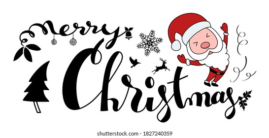 Merry Christmas lettering with happy Santa and accesory isolated on white background. Vector illustration.