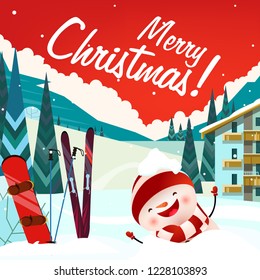 Merry Christmas lettering with happy snowman at ski resort. Christmas greeting card or advertisement design. Handwritten text, calligraphy. For leaflets, brochures, invitations, posters or banners.