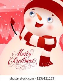 Merry Christmas lettering with happy snowman. Christmas greeting card. Handwritten text, calligraphy. For leaflets, brochures, invitations, posters or banners.