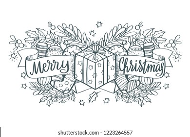 Merry Christmas - lettering Christmas holiday calligraphy phrase and gifts, balls, decor isolated on the background. Holiday banner for photo overlays, t-shirt print, flyer, poster design. 