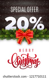 Merry Christmas lettering. Holiday sale 20% off. Numbers of snow on wood background with fir garland and red bow. Limited time only. Special offer. Vector illustration for your design