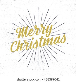 Merry Christmas lettering. Holiday typography Vector Illustration. Letters composition with sun bursts and halftone texture. Use as photo overlay, place to cards, print on t shirt, tee designs etc