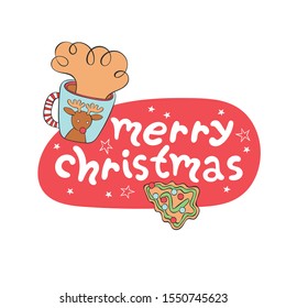 Merry Christmas. Lettering. Hot drink cup. Christmas gingerbread cookie. Isolated vector object on a white background. Holiday card. Red.