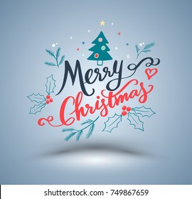 Merry Christmas lettering for Christmas illustration card. Vector illustration for Holiday event.