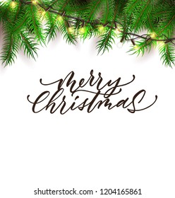 Merry christmas lettering inscription on spruce three with christmas lights background. Handwritten xmas ink type in modern style. Vector greeting card or winter seasonal sale poster calligraphy.