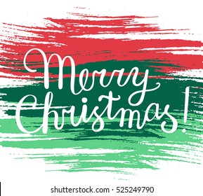 Merry christmas lettering inscription on the colorful hand paint backdrop. EPS 10 vector background Xmas colors. Isolated.