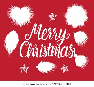 Merry Christmas lettering inscription. Set Fur forms winter white hand drawn fluffy isolated on red background.
