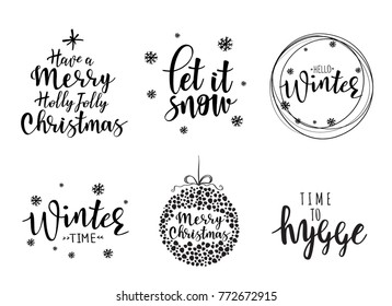 Merry Christmas - lettering inscription to winter holiday design set. Can be used for invitation, posters, cards and etc.