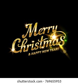 Merry Christmas Lettering for Invitation and Greeting Card, Prints and Posters. Hand Drawn Inscription, Calligraphic Design on Black