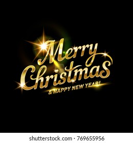 Merry Christmas Lettering for Invitation and Greeting Card. Hand Drawn Inscription, Calligraphic Design on Black Background