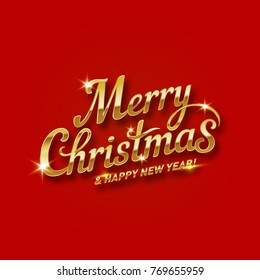 Merry Christmas Lettering for Invitation and Greeting Card, Prints and Posters. Hand Drawn Inscription, Calligraphic Design on Red Background