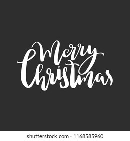 Merry Christmas lettering isolated on black background. Vector handdrawn design element for greeting cards.