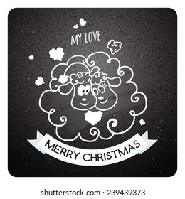 Merry Christmas lettering With lovers sheep, Vector typography, chalkboard