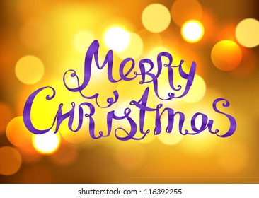 Merry Christmas lettering made of ribbons on golden bokeh background - vector illustration.