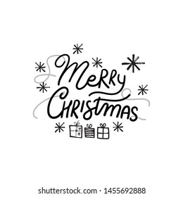 Merry Christmas lettering made in unique style. Hand drawn design for any use. Holiday card, poster, etc. Xmas sketch drawing. Winter holiday greeting design