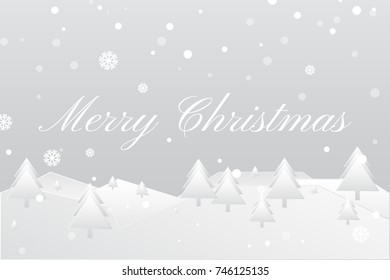 Merry Christmas Lettering With Many Falling Snowflake And Tree Banner background. Celebration. Vector
