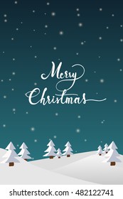 Merry Christmas lettering in modern hand calligraphy on the dark night with snow and Christmas tree, This design for greeting card in new year season in vector illustration