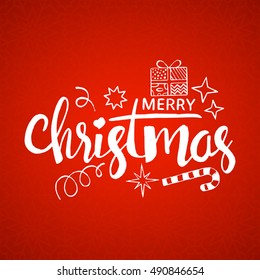 Merry Christmas lettering. Modern vector hand drawn calligraphy with gift box, confetti, stars and xmas candy cane over red background for your greeting card design