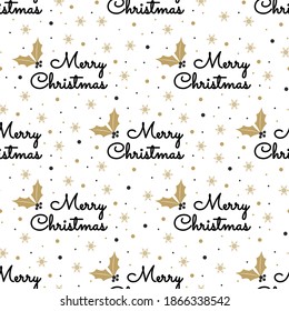 Merry Christmas lettering. New Year seamless pattern. Design for postcard, invitation, greeting card, poster, textile. Vector illustration