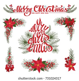 Merry Christmas lettering. New Year compositions,wreath.Poinsettia flowers,tree spruce branches.Vintage winter romantic illustration of holiday decoration berries,bow,ribbons.For Greeting cards 
