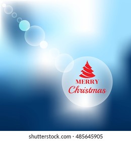 Merry Christmas lettering on abstract vector background and blurred lights shining bokeh effect on blue background. Bokeh Background Vector Illustration.