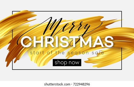 Merry Christmas lettering on a background of a gold brushstroke oil or acrylic paint. Sale design element for presentations, flyers, leaflets, postcards and posters. Vector illustration EPS10