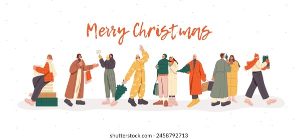 Merry Christmas lettering on banner. People prepare to New Year holiday: make purchase, shopping. Characters present gifts, carry firtree, rejoice to winter. Flat isolated vector illustration on white