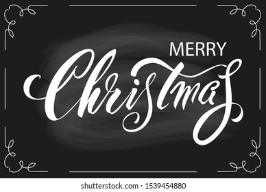 Merry Christmas! Lettering on a black background with white chalk. Festive vector congratulation poster.