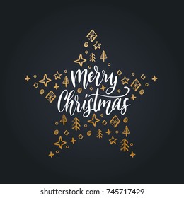 Merry Christmas lettering on black background. Vector hand drawn illustration of star. Happy Holidays greeting card, poster template.