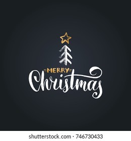 Merry Christmas lettering on black background. Vector hand drawn illustration of spruce tree. Happy Holidays greeting card, poster template.