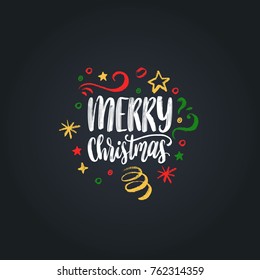 Merry Christmas lettering on black background. Vector hand drawn New Year illustration. Happy Holidays greeting card, poster template.