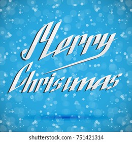 Merry Christmas lettering on a blue background with snowflakes and a shadow