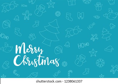 Merry Christmas lettering on cute doddle christmas element pattern in vector illustration