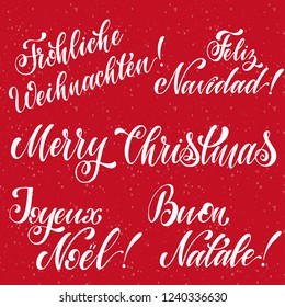 Merry Christmas Lettering on english, french, german, spanish and italian language. Elements for invitations, posters, greeting cards. T-shirt design. Seasons Greetings.