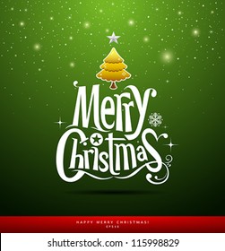 Merry Christmas lettering on green background, vector illustration