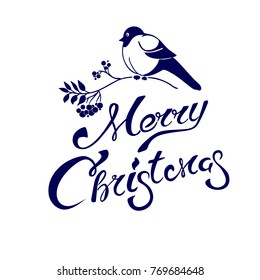 Merry Christmas lettering on a Christmas greeting card with bullfinch and rowan branch on a white background